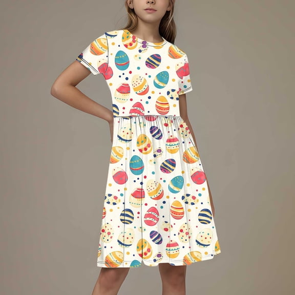 JUSLIO Girls Pleated Dress Print Casual Short Sleeve Dresses Size 6