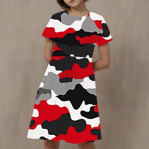 JUSLIO Girls Pleated Dress Print Crew Neck Short Sleeve Casual Dresses Size 6