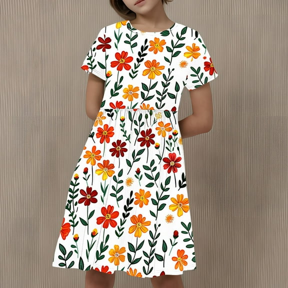 JUSLIO Girls Pleated Dress Print Crew Neck Short Sleeve Casual Dresses Size 6