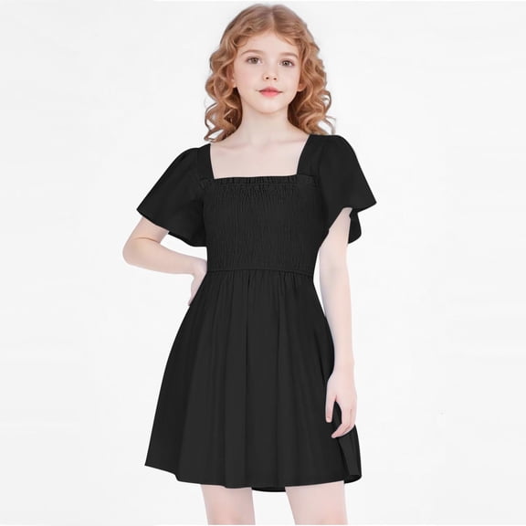 JUSLIO Girls Pleated Dress Ruffle Crew Neck Short Sleeve Casual Dresses Size 11 Y