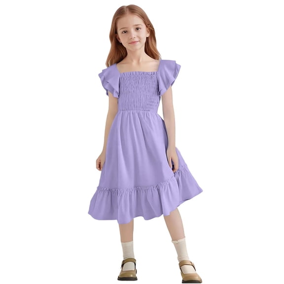 JUSLIO Girls Pleated Dress Ruffle Crew Neck Short Sleeve Casual Dresses Size 13 Y