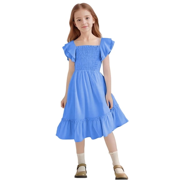 JUSLIO Girls Pleated Dress Ruffle Crew Neck Short Sleeve Casual Dresses Size 5 Y