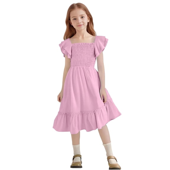 JUSLIO Girls Pleated Dress Ruffle Crew Neck Short Sleeve Casual Dresses Size 9 Y