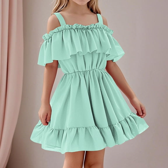 JUSLIO Girls Pleated Dress Ruffle Halter Casual Dresses Size 1 Year