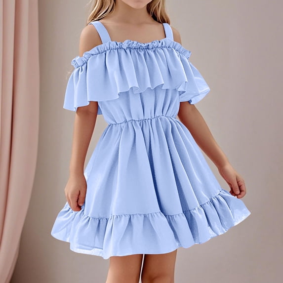 JUSLIO Girls Pleated Dress Ruffle Halter Casual Dresses Size 2 Y