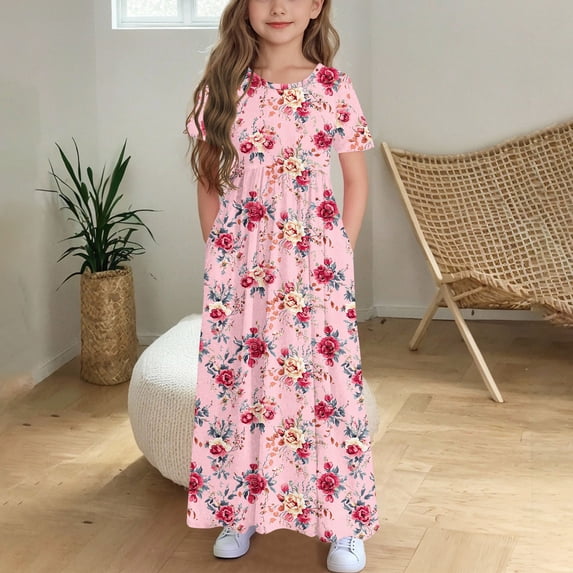 JUSLIO Girls Pleated Dress with Pockets Crew Neck Short Sleeve Casual Dresses Size 6