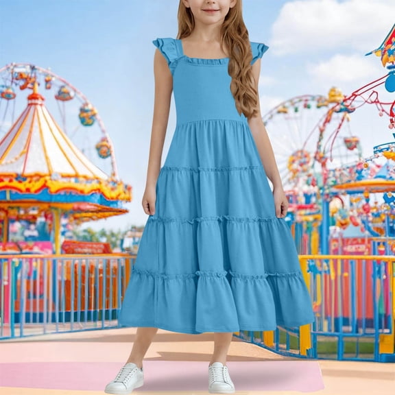 JUSLIO Girls Princess Dress Zipper Crew Neck Short Sleeve Casual Dresses Size 3 Y