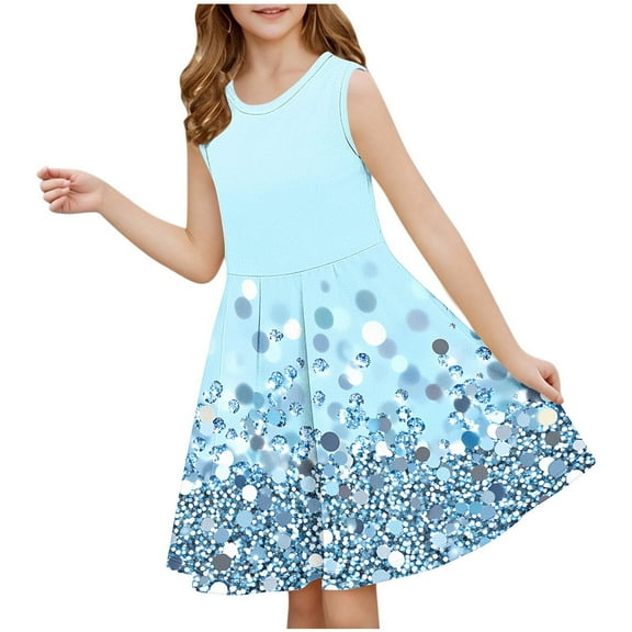 JUSLIO Girls Sequin Dress Print Crew Neck Sleeveless Casual Dresses Size 3 Y