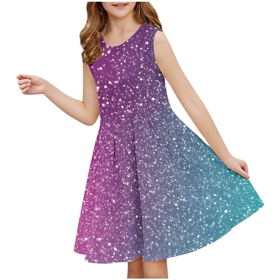 JUSLIO Girls Sequin Dress Print Crew Neck Sleeveless Casual Dresses Size 3 Y