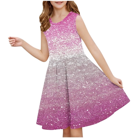 JUSLIO Girls Sequin Dress Print Crew Neck Sleeveless Casual Dresses Size 3 Y