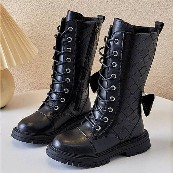 JUSLIO Girls Shoes Boots for Girls Bow Knee-High Boots Zipper Princess (Toddler/Little Kid/Big Kid) Shoes 35(US:1.5 M) Black