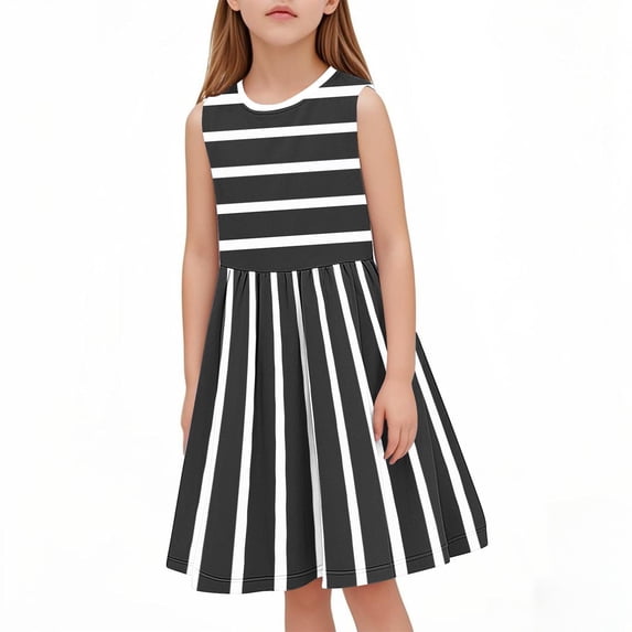 JUSLIO Girls Striped Dress Casual Crew Neck Sleeveless Dresses Size 4 Y