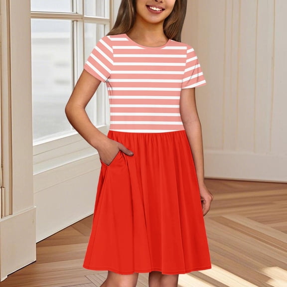 JUSLIO Girls Striped Dress with Pockets Casual Short Sleeve Dresses Size 3 Y