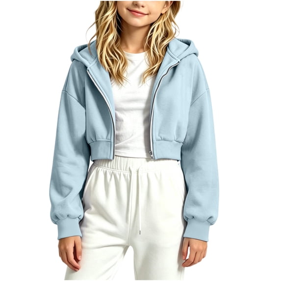 JUSLIO Girls Sweatshirts,Casual Outerwear,Solid Color Comfortable Zip Up Athletic Hooded Sweatshirt,Light Blue 7 Years