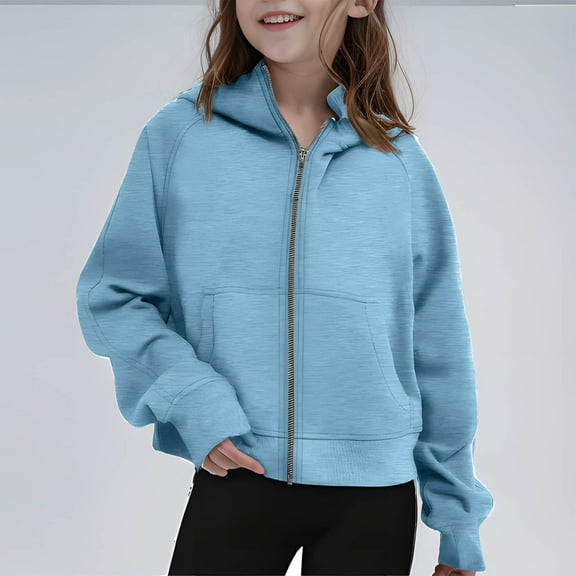 JUSLIO Girls Sweatshirts Casual Zipper Hooded Sweatshirt Solid Color Pockets Long Sleeve Tops Sweatshirts Light Blue(7 Years)