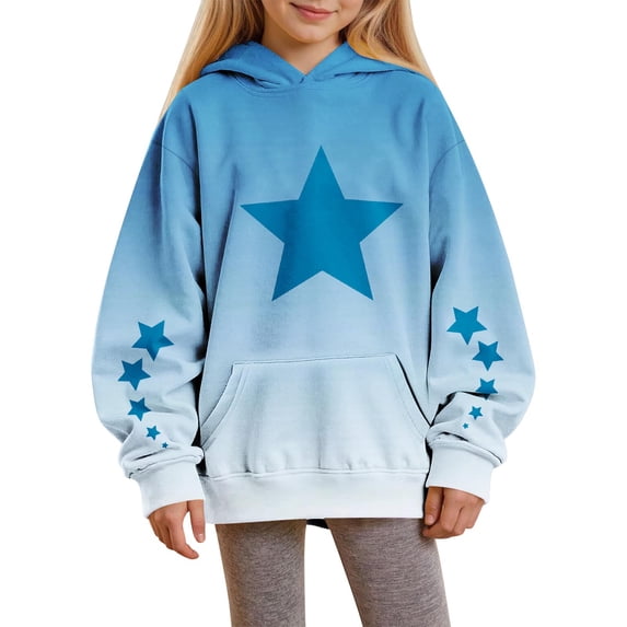 JUSLIO Girls Sweatshirts,Matching Gradient Star Print Hooded Sweatshirts,Fleece Lined with Pocket Hoodies,Casual Outerwear Blue 110