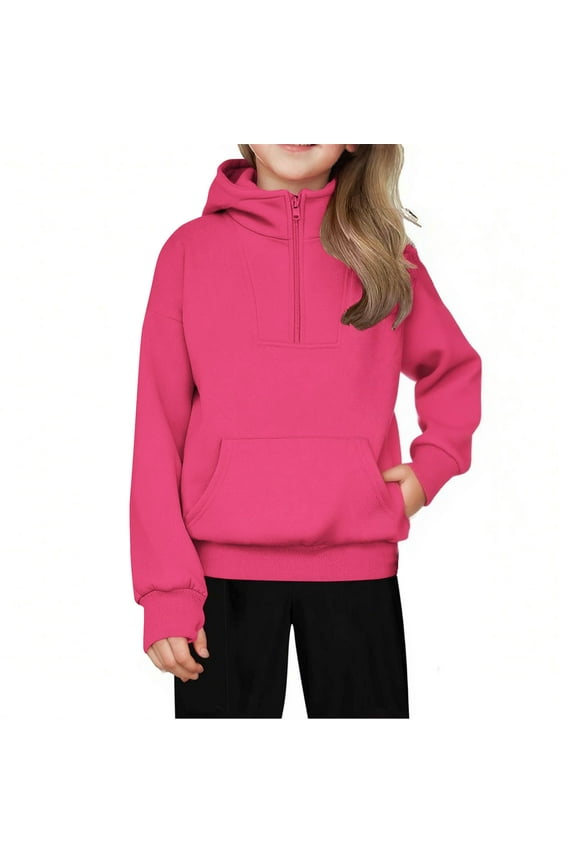 Girls Sweatshirts Stand Collar Half Zip Hoodless Sweatshirt Solid Color Casual Long Sleeve Tops Sweatshirts Hot Pink(5 Years)