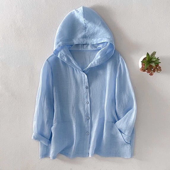 JUSLIO Hoodies for Women Chest Patch Pocket Breathable Sun Protection Shirt,Linen Hooded Drawstring Collar Full Button Front Hoodies Sweatshirts Light Blue M