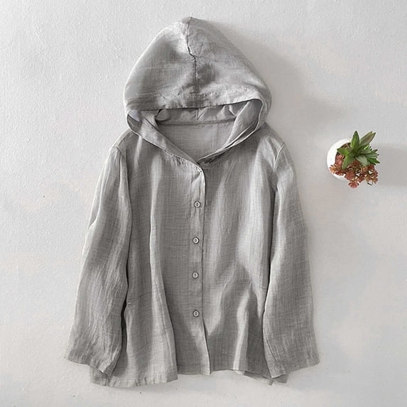 JUSLIO Hoodies for Women Full Button Front Chest Patch Pocket Breathable Sun Protection Shirt,Linen Hooded Drawstring Collar Hoodies Sweatshirts Gray L