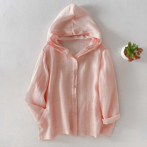 JUSLIO Hoodies for Women Full Button Front Chest Patch Pocket Breathable Sun Protection Shirt,Linen Hooded Drawstring Collar Hoodies Sweatshirts Pink M