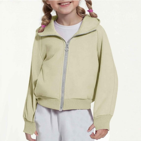 JUSLIO Hoodies for Girls Athletic Zipper Hooded Sweatshirt Fall/Winter Pockets Long Sleeve Tops Sweatshirts Beige(4 Years)