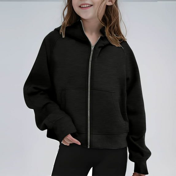 JUSLIO Hoodies for Girls Fall/Winter Zipper Hooded Sweatshirt Solid Color Pockets Long Sleeve Tops Sweatshirts Black（5 Years）