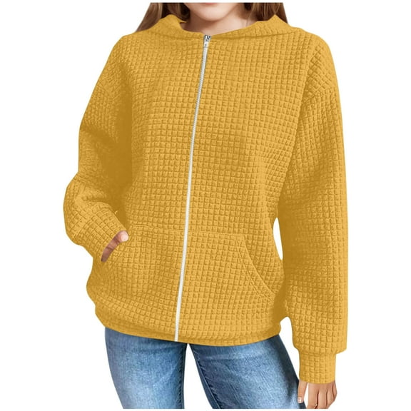 JUSLIO Hoodies for Girls Round Neck Zipper Hooded Sweatshirt Solid Color Fall/Winter Long Sleeve Tops Sweatshirts Yellow(9Y)