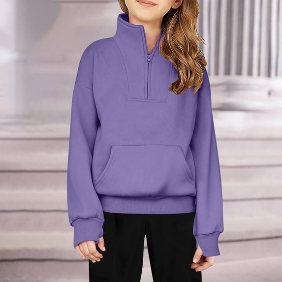 JUSLIO Hoodies for Girls Stand Collar Half Zip Hoodless Sweatshirt Solid Color Athletic Long Sleeve Tops Sweatshirts Purple(13 Years）