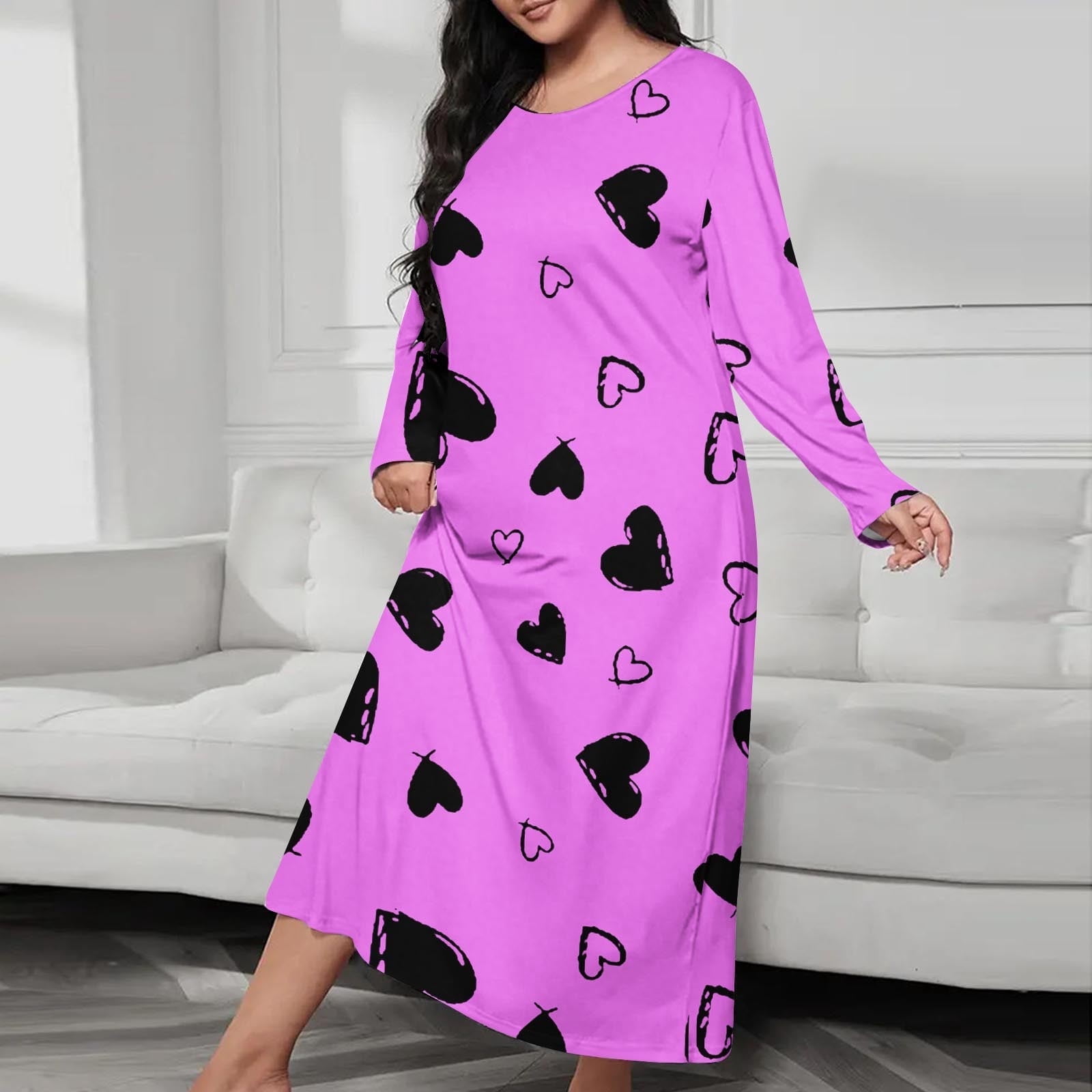 Round Collared Robe JUSLIO House Dresses for Women Hearts Nightgown Sleep Dress Long Sleeve ...