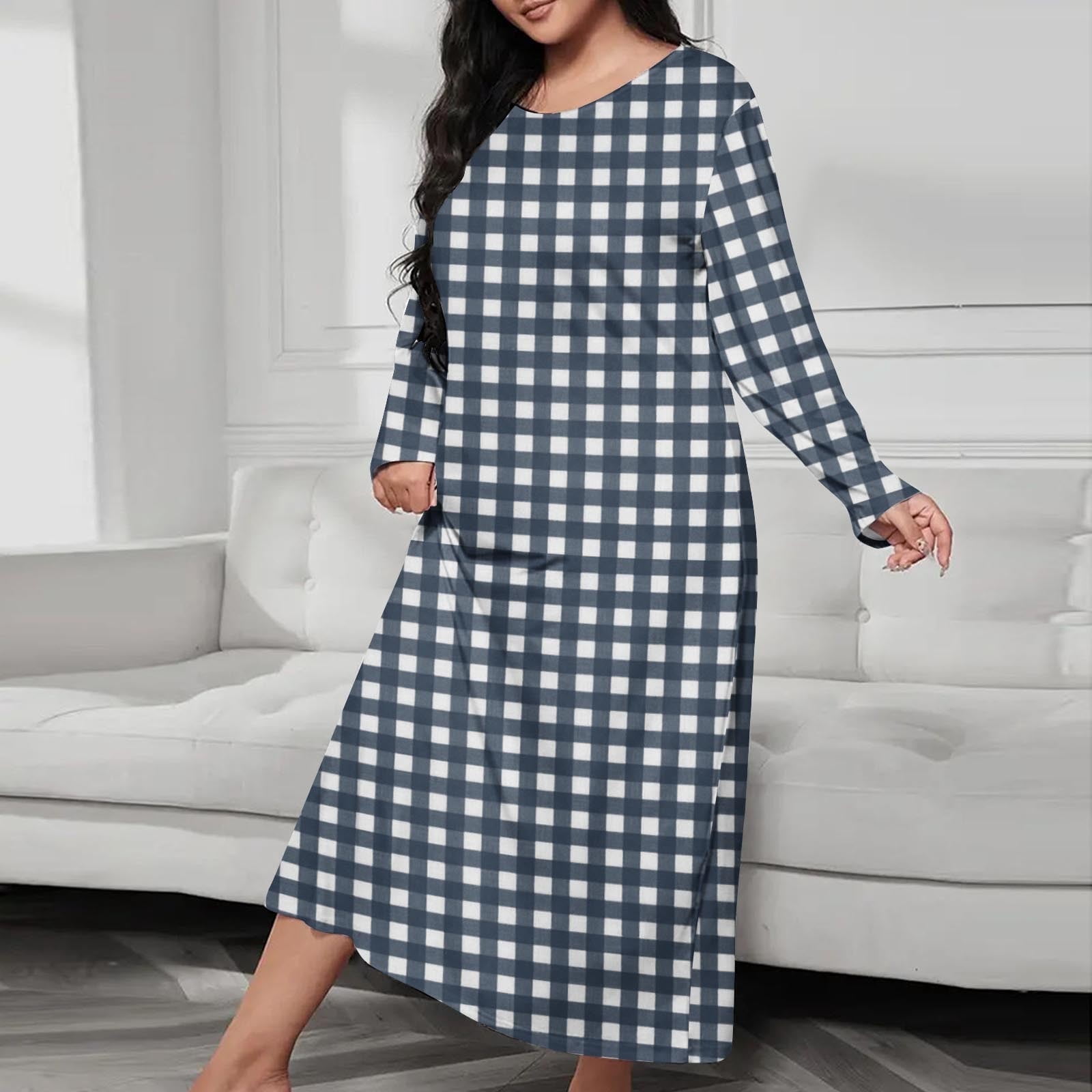 Round Collared Robe JUSLIO House Dresses for Women Plaid Loungewear Long Sleeve Robes Round ...