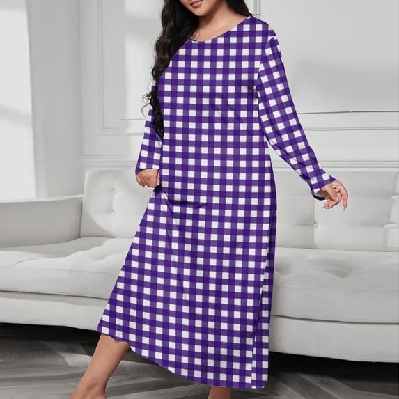 JUSLIO House Dresses for Women Plaid Robes Long Sleeve Pajama Round Collar Sleepwear Purple Nightgown Sleep Dress Nightgowns Loungewear