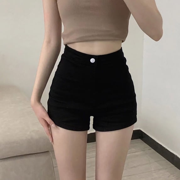 JUSLIO Jean Shorts for Women,Dance Clothes Lightweight Solid Color High Waist Stretchy Denim,Black,Size L