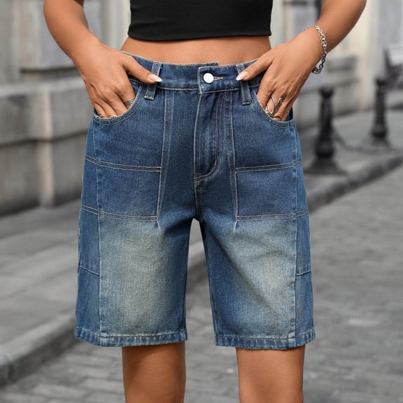 JUSLIO Jean Shorts for Women,Elastic Waist with Pockets Button Mid-Length Shorts,Denim Button,Blue,Size L