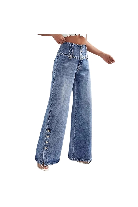 Jeans for Women,High Waist Split Hem Retro Button Washed Wide Leg Denim Jeans