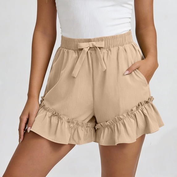 JUSLIO Ladies Shorts,Elastic Waist with Pockets High Waist Mid-Length Shorts,Ruffle,Khaki,Size L