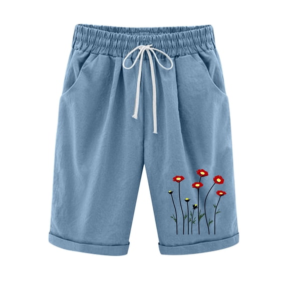 JUSLIO Ladies Shorts,Graphic Shorts,Elastic Waist Casual Drawstring Waist 5" Mid-Length Shorts,Faux Linen,Light Blue,Size XL