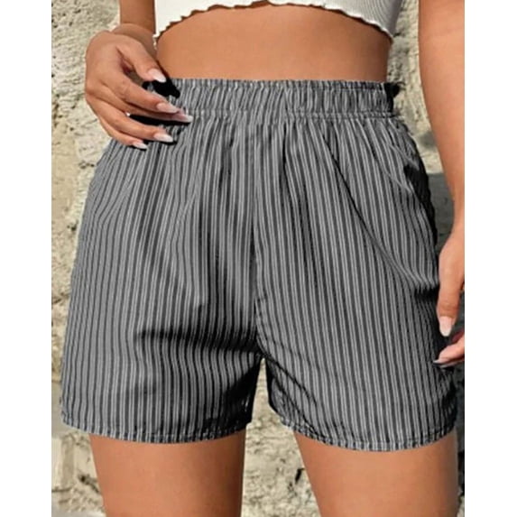JUSLIO Ladies Shorts,High Waist Mid-Length Shorts,Summer Striped Elastic Waist with Pockets,Gray,Size L