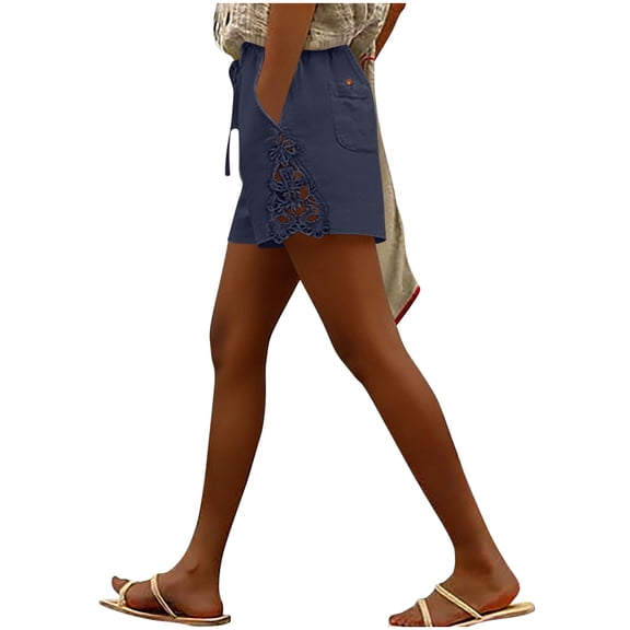 JUSLIO Ladies Shorts,Mid-Length Shorts,Faux Linen Patchwork Lightweight with Pockets Drawstring Waist,Navy,Size M