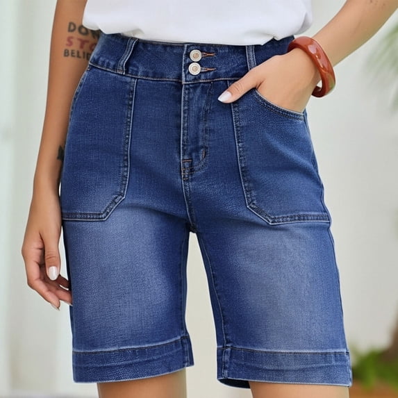 JUSLIO Ladies Shorts,with Pockets High Waist Stretchy Denim Plus Size Lightweight,Dark Blue,Size XXL