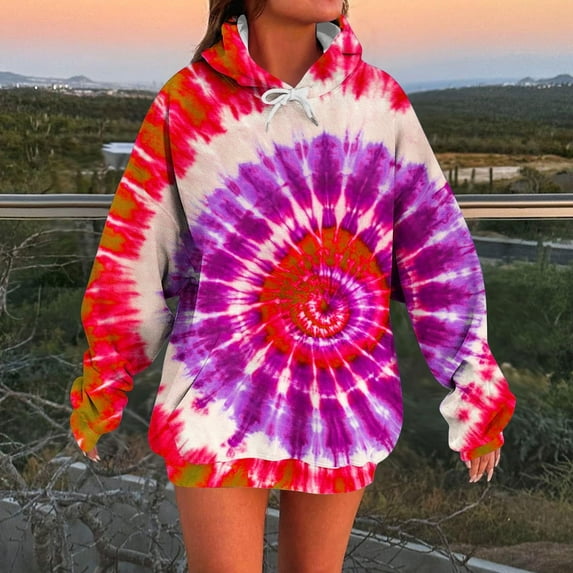JUSLIO Ladies Sweatshirts Hooded Tie Dye Hoodies Long Sleeve Casual Comfortable Everyday Sweatshirts