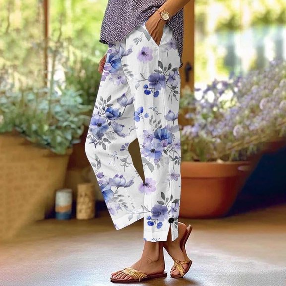 JUSLIO Linen Pants Women Comfortable Casual Button Pants for Women Linen Multicolor L