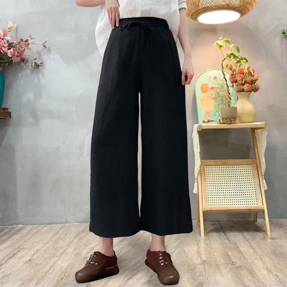JUSLIO Linen Pants Women Comfortable Casual High Waist Pockets Linen Sweatpants Plus Size Pants for Women Straight Leg Pants Black 3XL(US:)