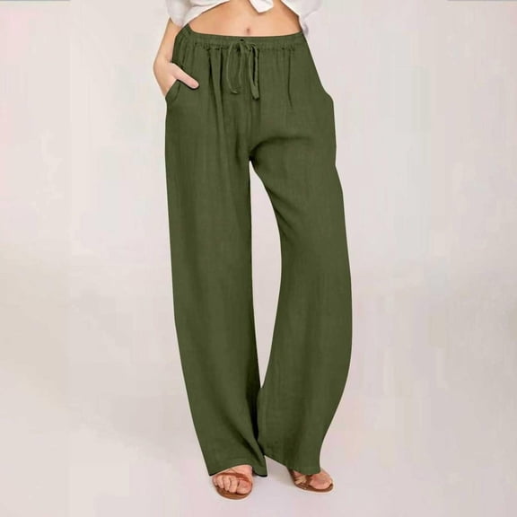 JUSLIO Linen Pants Women Comfortable Casual Drawstring Linen Plus Size Wide Leg Pants Green 4XL(US:16)