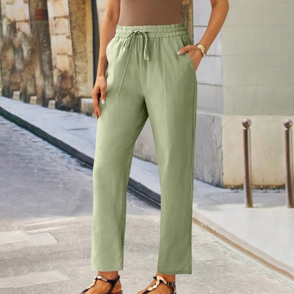 JUSLIO Linen Pants Women Comfortable Casual Lace-up Linen Plus Size Straight Leg Pants Green 4XL