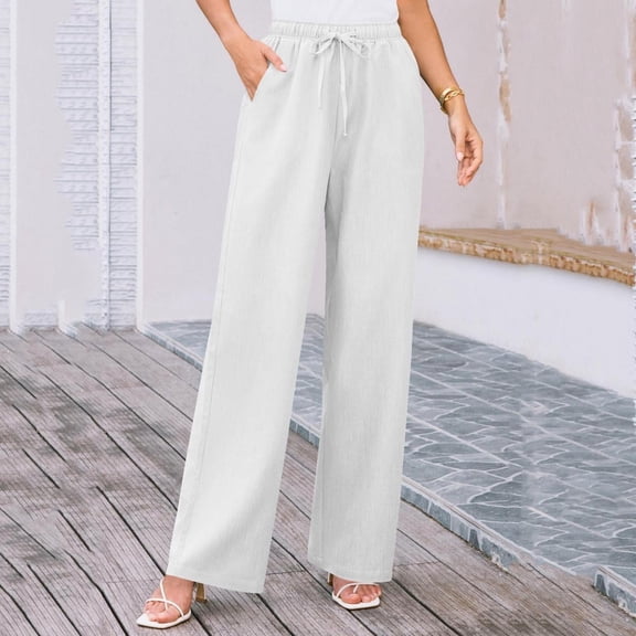 JUSLIO Linen Pants Women Comfortable Casual Lace-up Linen Straight Leg Pants White S