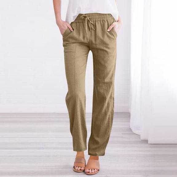 JUSLIO Linen Pants Women Comfortable Casual Lace-up Linen Straight Leg Pants Yellow XL