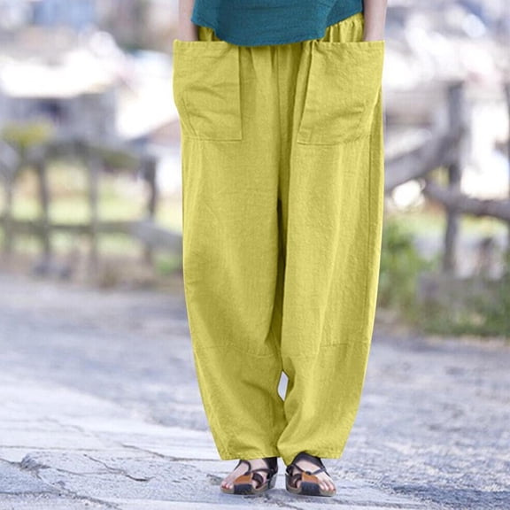 JUSLIO Linen Pants Women Comfortable Casual Pockets Linen Yellow M