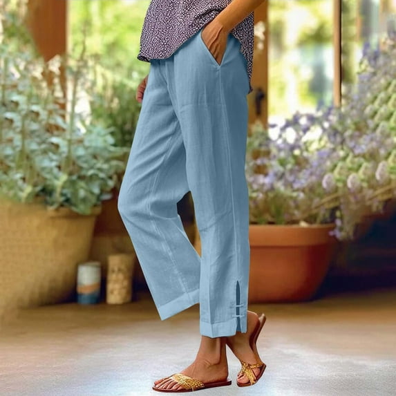 JUSLIO Linen Pants Women Comfortable Pockets Linen Casual Straight Leg Pants Blue XL