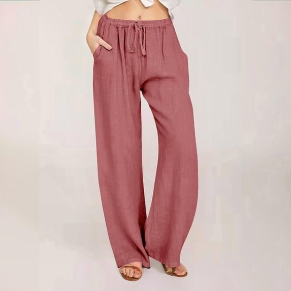 JUSLIO Linen Pants Women Plus Size Comfortable Casual Drawstring Linen Pants for Women Wide Leg Pants Pink 3XL(US:14)