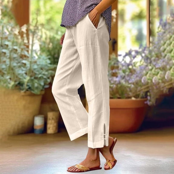 JUSLIO Linen Pants Women Plus Size Comfortable Casual Pockets Linen Pants for Women Straight Leg Pants Beige 3XL